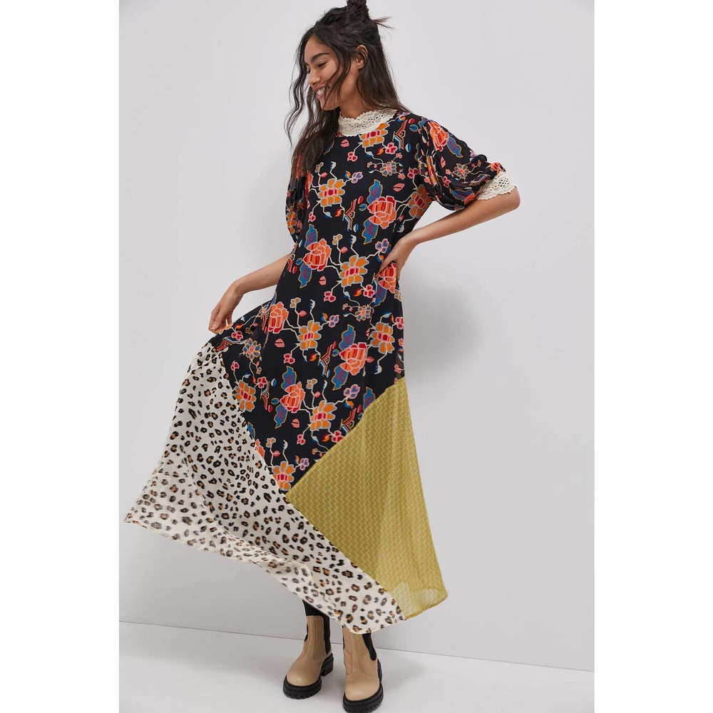 Anthropologie Black Maxi Dress with Floral, Yellow and Cream Panels